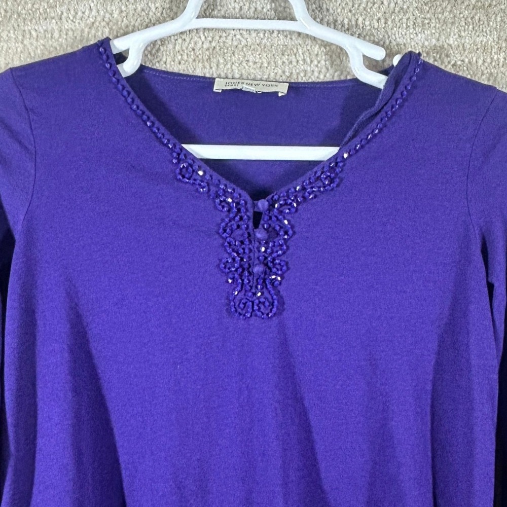 Jones New York Women Boho Y2K Beaded V-Neck Top Purple Medium Cinched Hem